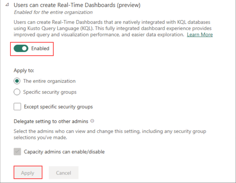 Screenshot of enabling tenant settings for Real-Time Dashboards.