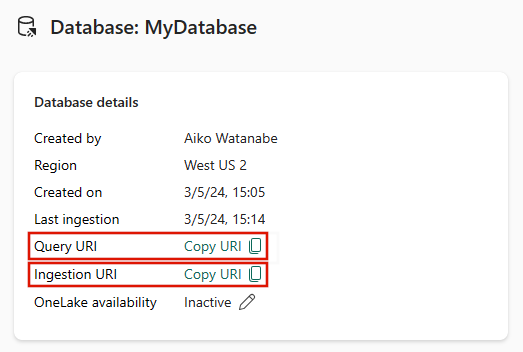 Screenshot of the database details card showing the database details. The options titled Query URI and Ingestion URI are highlighted.
