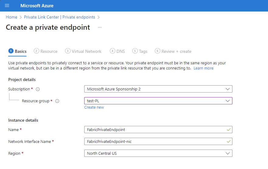 Screenshot of the Basics tab in Create a private endpoint.