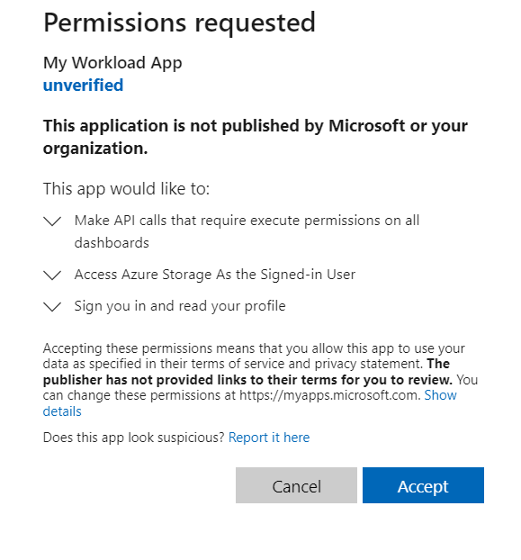 Screenshot showing permissions request dialog for initial consent.
