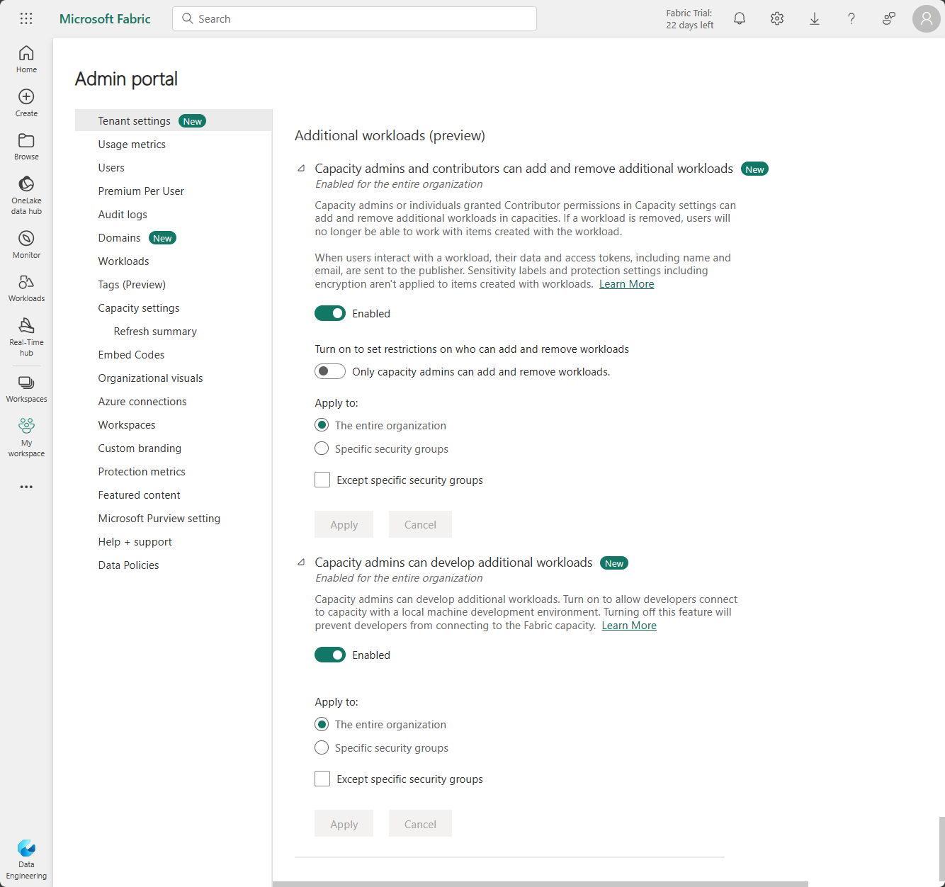 Screenshot of Additional workloads tenant settings.