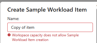 Screenshot of UI for naming a sample workload item.