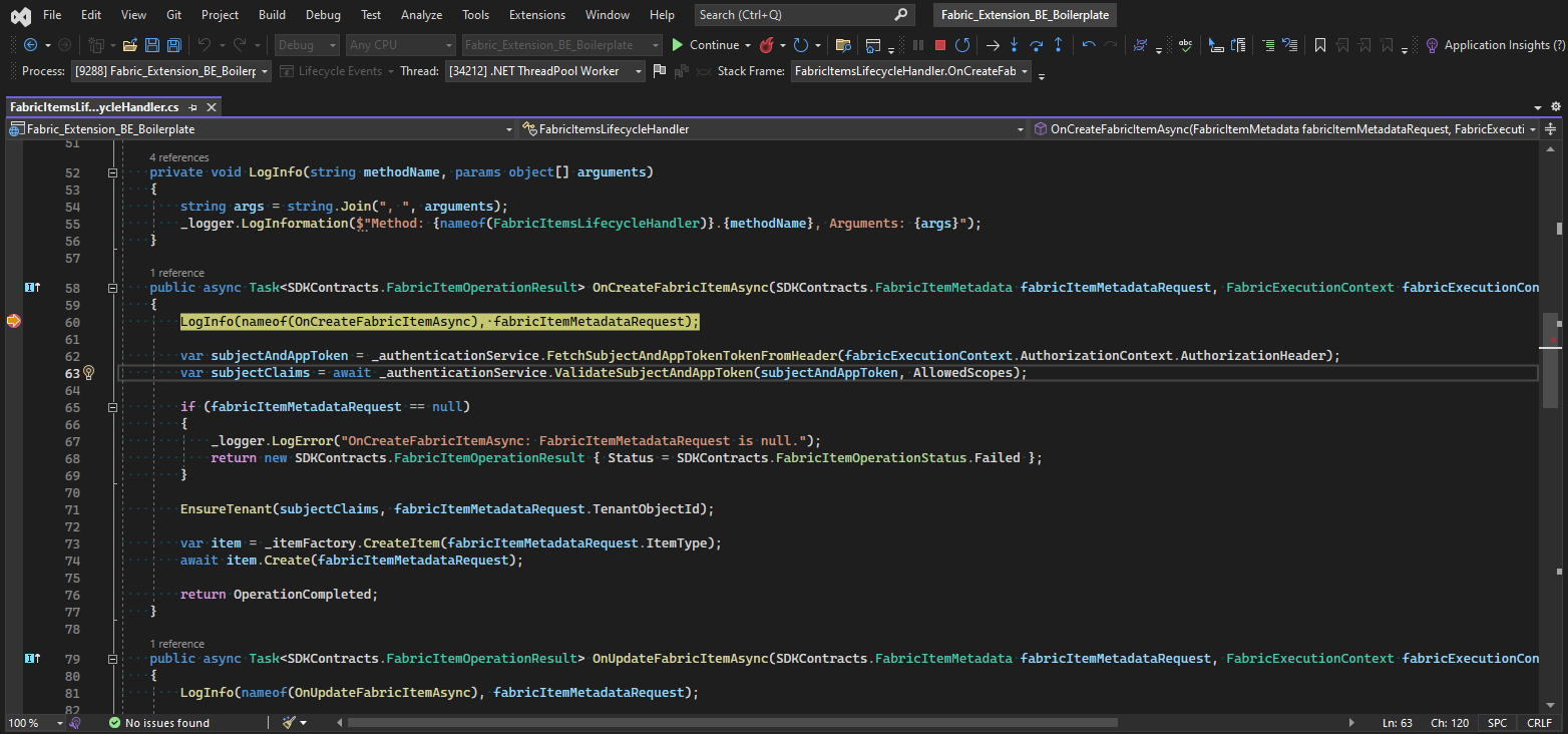 Screenshot of sample program with breakpoints for debugging.