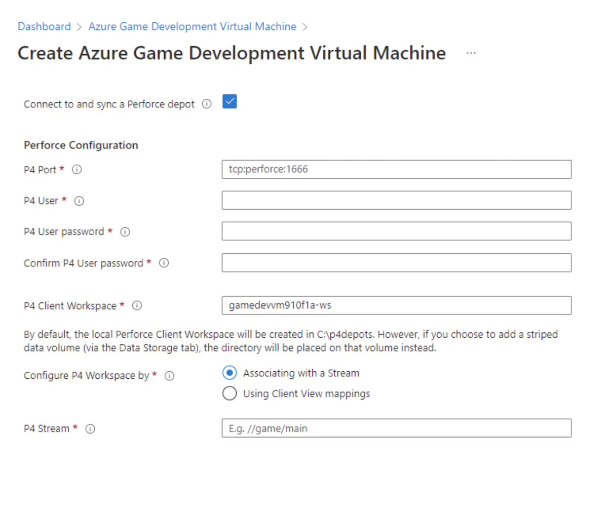 Screenshot showing how to configure Perfoce on the game development VM