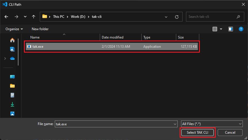 Screenshot of the file picker for selecting the TAK CLI executable