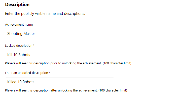 Screenshot of the Description boxes UI in Partner Center for configuring a new achievement.