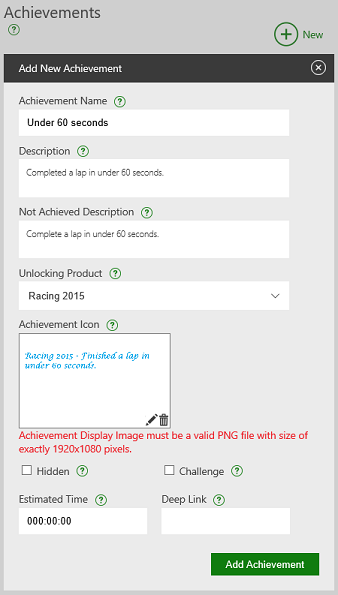 Screenshot of the Add New Achievement dialog in Partner Center.