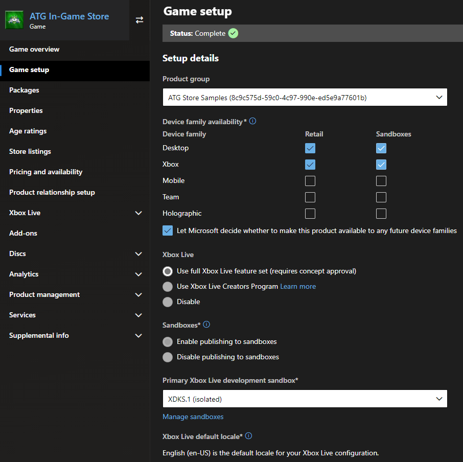 Partner Center Game setup > Setup details