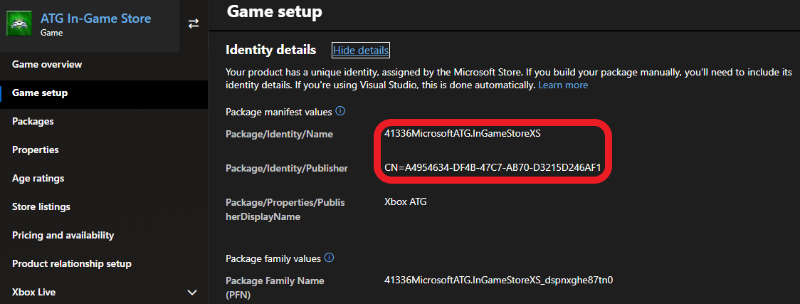 Game setup > Identity details with Package/Identity/Name and Publisher circled