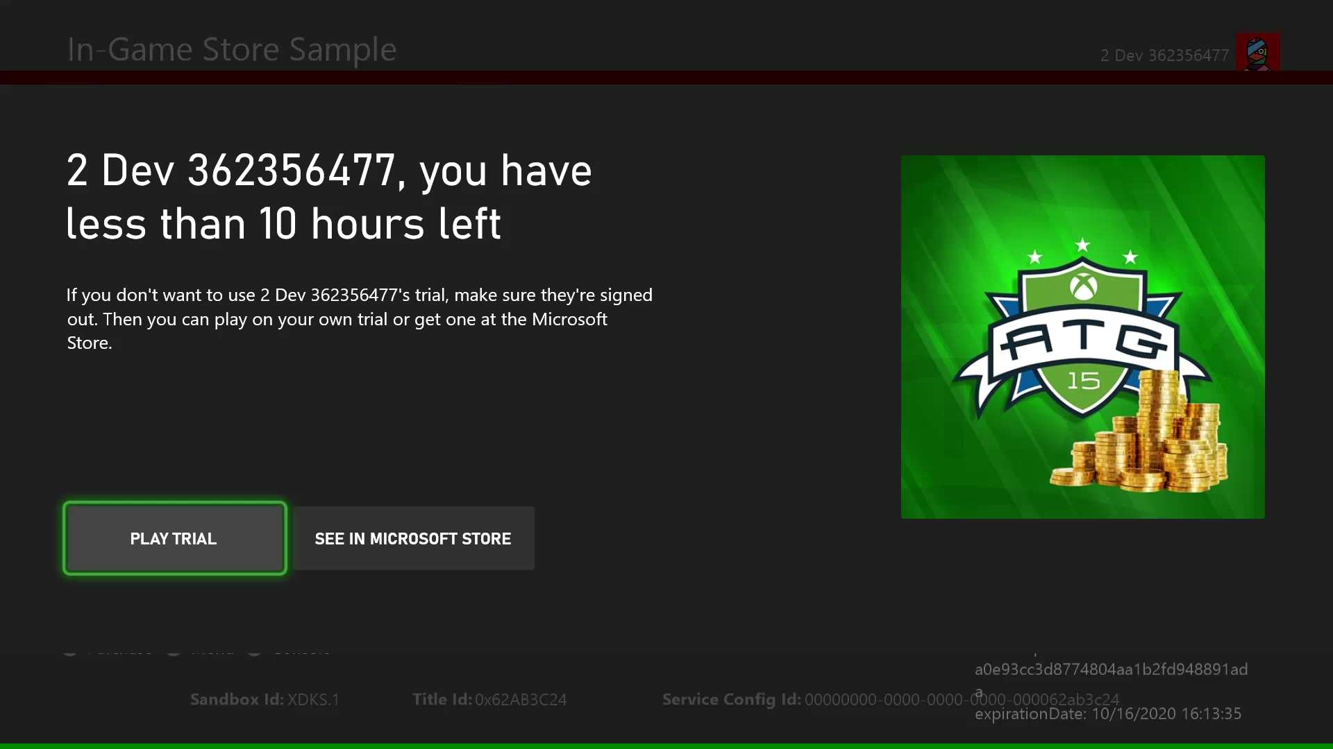 Usage limited trial TCUI: "<Gamertag>, you have less than x hours left"