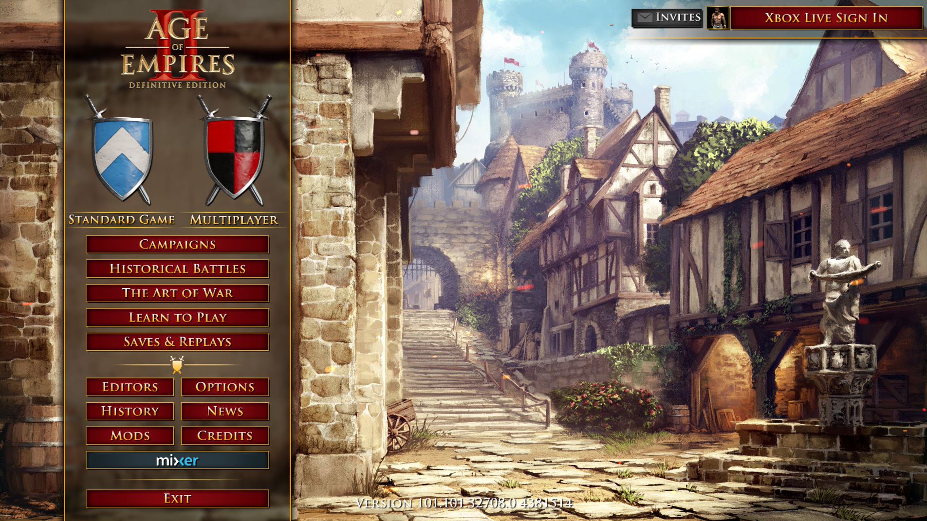 Age of Empires 2 Definitive Edition main menu. At the top of the menu is the Age of Empires 2 logo with menu options below it.