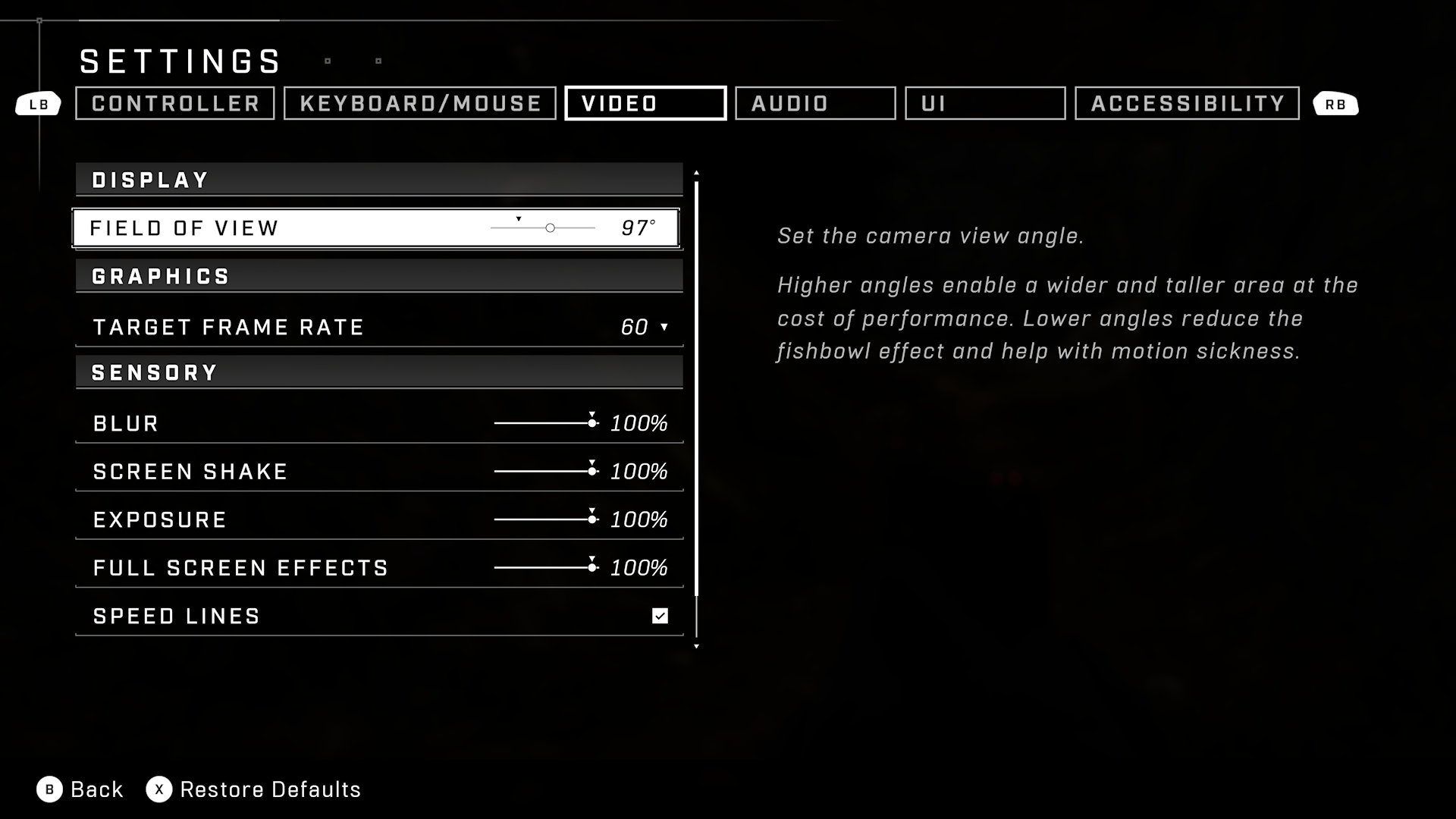 Halo Infinite screenshot of the Video section of the Settings menu where the Field of view setting is highlighted and set to 97 degrees.