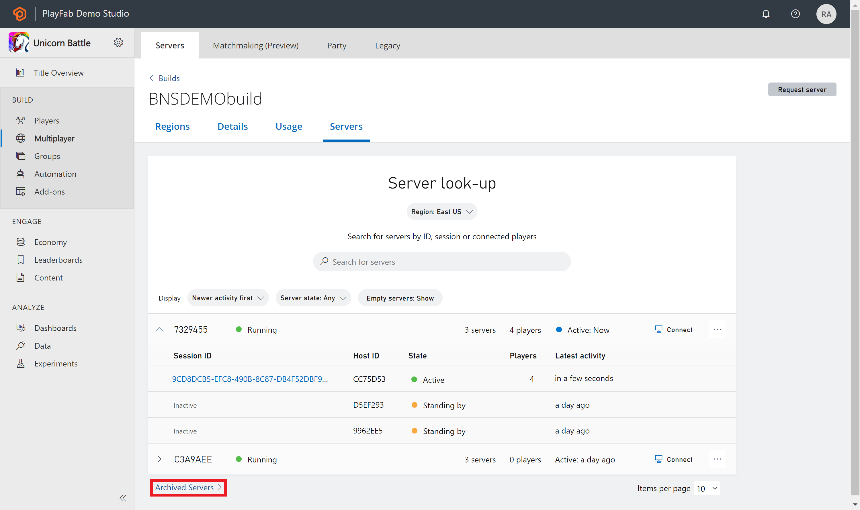 PlayFab Multiplayer Servers View Archive