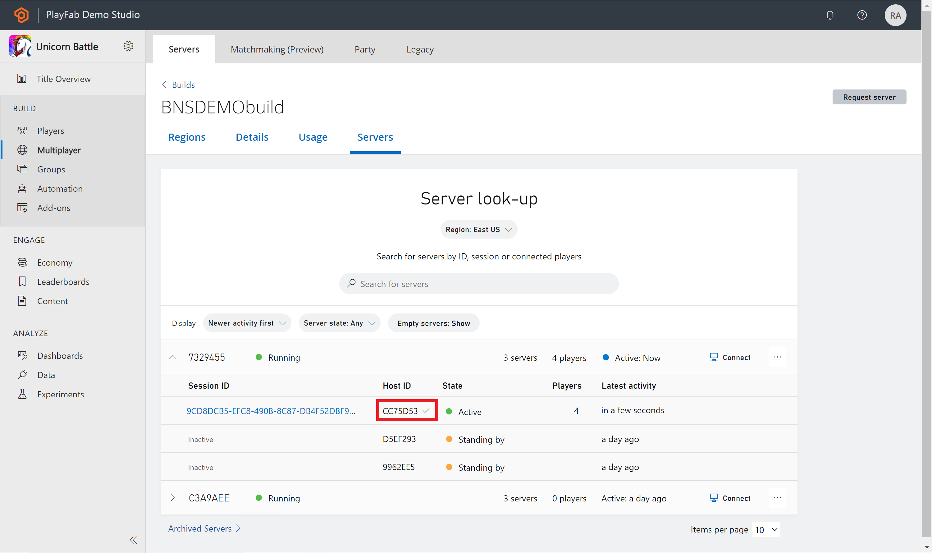 PlayFab Multiplayer Servers successful copy of host id
