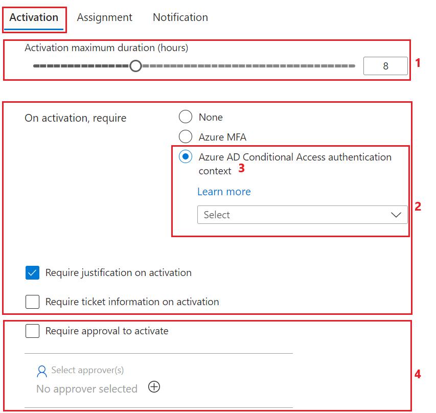 PIM role activation settings on the Microsoft Entra admin center.