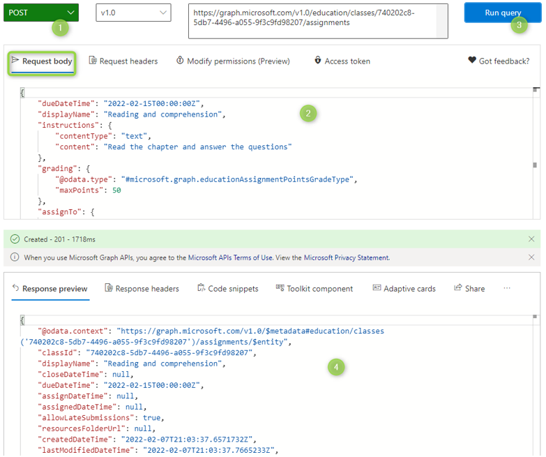 Screenshot of the Create assignment query request and response in Graph Explorer