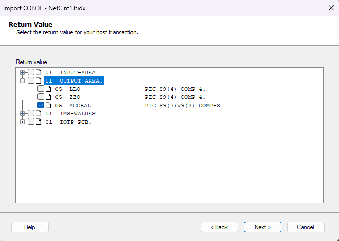 Screenshot shows the Return Value box for the IMS host transaction.