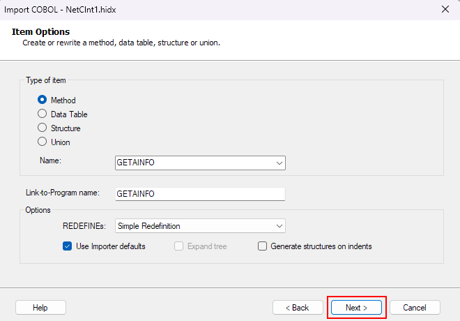 Screenshot shows Item Options box to select item type, such as Method, Data Table, Structure, or Union for CICS.