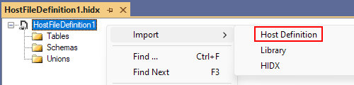 Screenshot shows Visual Studio, HIS design view, and the HostFileDefinition1 component node shortcut menu with Import, Host Definition selected.