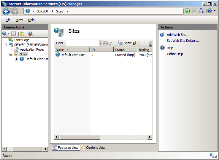 Screenshot of the Sites pane with the Default Web Site listed.