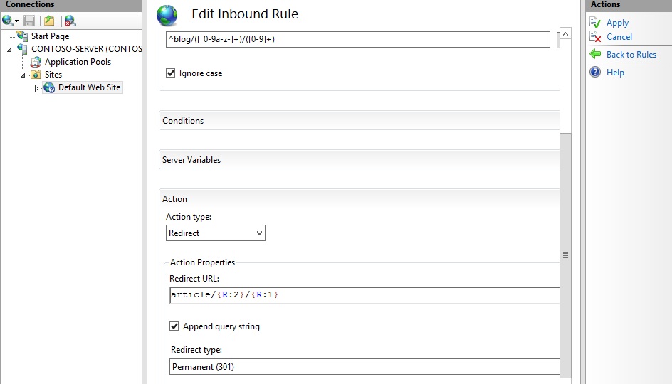 Screenshot that shows the Edit Inbound Rule pane. Under Action type, redirect has been selected and a Redirect U R L is entered.