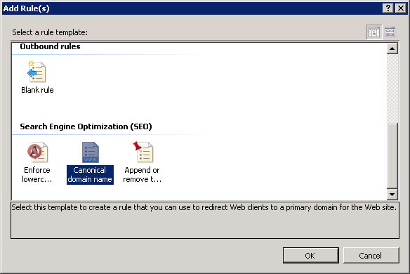 Screenshot of the Add Rule(s) screen with the Canonical domain name option being highlighted.