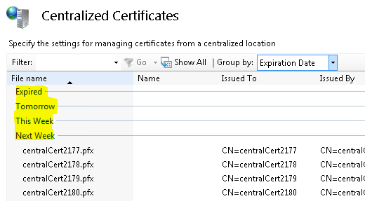 Screenshot of the Centralized Certificates dialog box. In the File name column, Expired, Tomorrow, This Week, Next Week are all highlighted.
