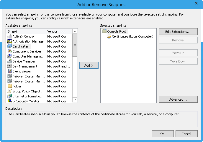 Screenshot that shows the Add or Remove Snap ins.