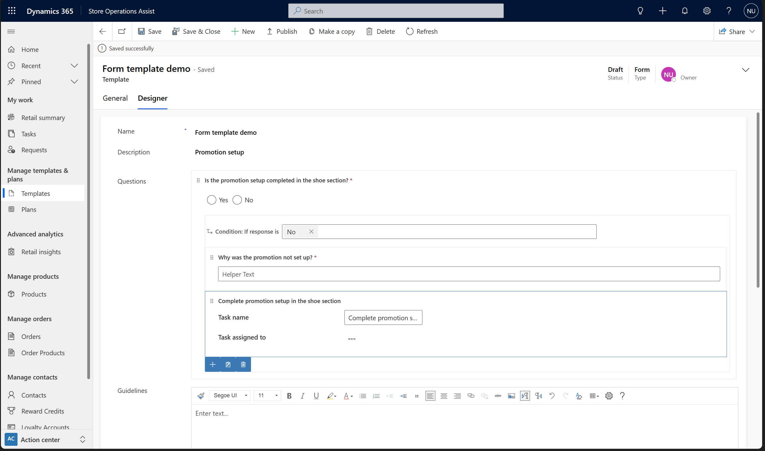 The image shows creating survey questions and tasks for survey template.