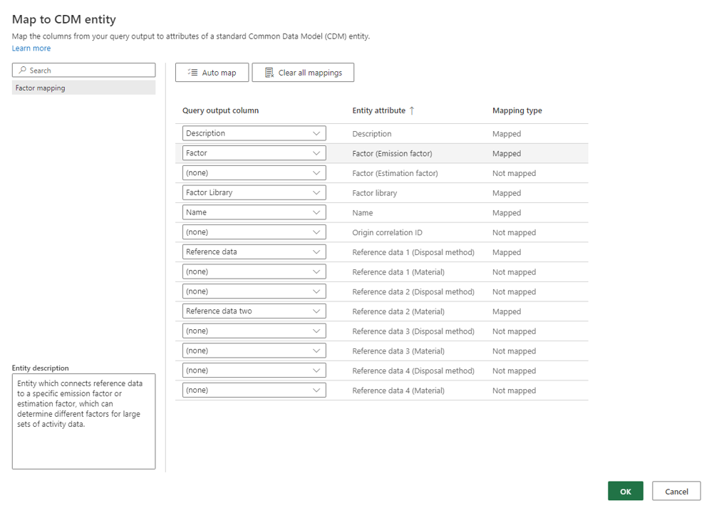 Screenshot of adding factor mappings.