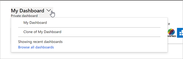 Screenshot of Intune for Education dashboard. Arrow next to dashboard name is selected and reveals list of all dashboards in tenat.