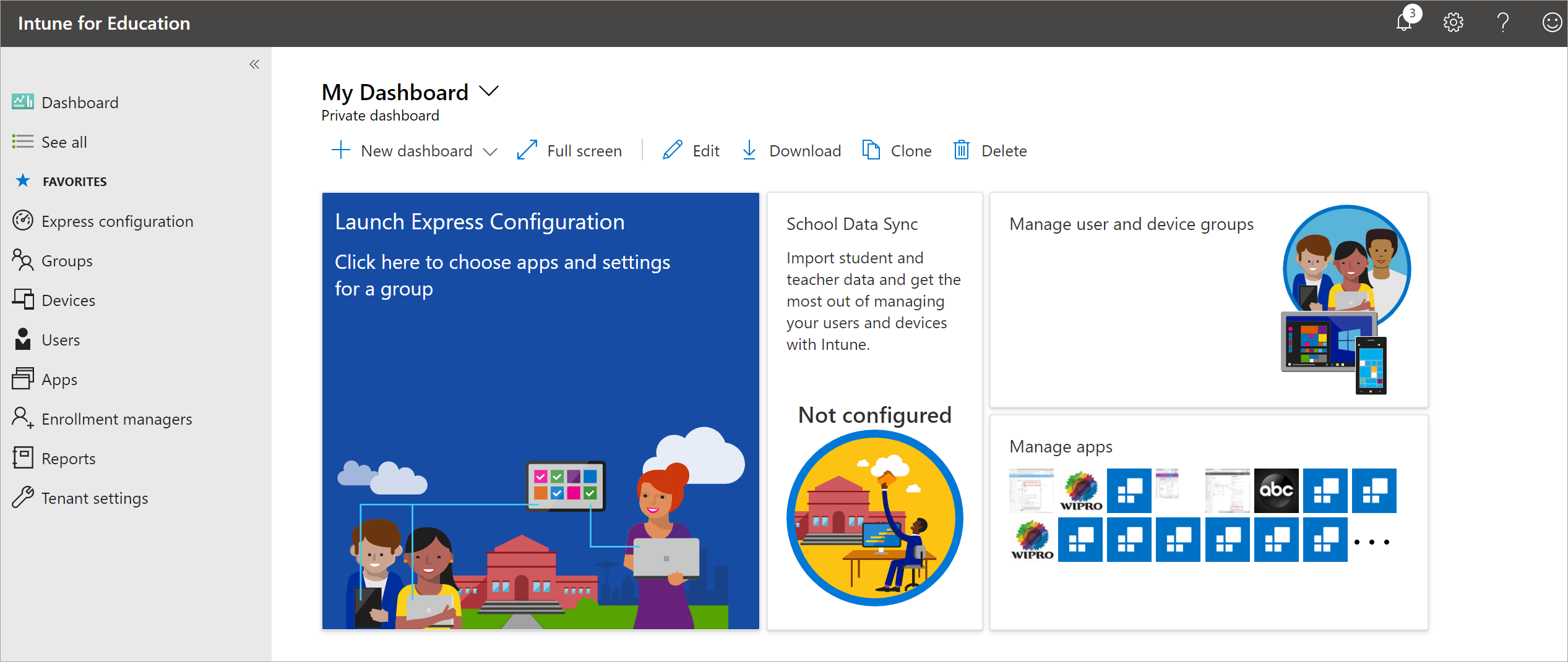 The dashboard screen, which shows express configuration, school data sync, manage user and device groups, and manage app tiles.