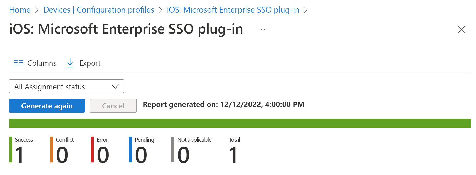 Screenshot that shows the iOS/iPadOS device configuration profile deployment report in Intune.