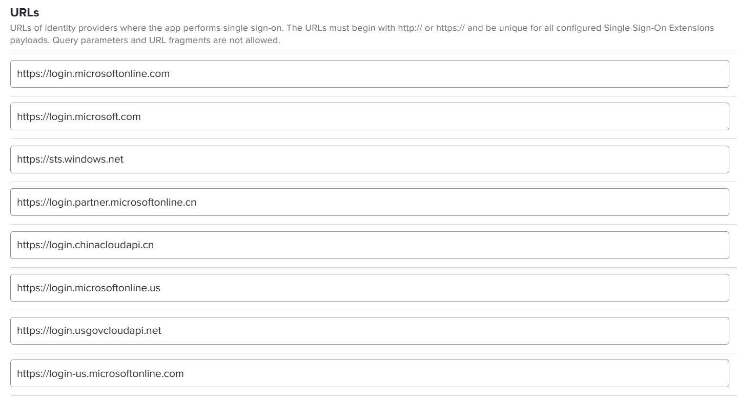 Screenshot that shows the Jamf Pro portal and the SSO URLs for iOS/iPadOS devices.