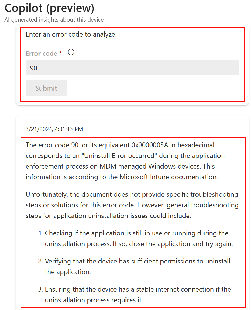 Screenshot that shows the Analyze an error code feature in Copilot after you select a device in Microsoft Intune or Intune admin center.