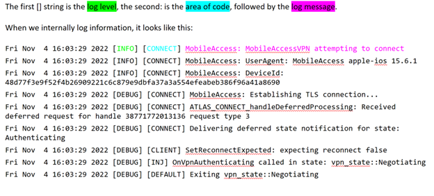 Screenshot that shows a sample Microsoft Tunnel log output in Xcode on a macOS device.