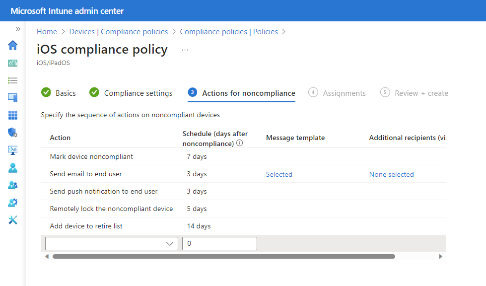 Device compliance - actions for noncompliant devices