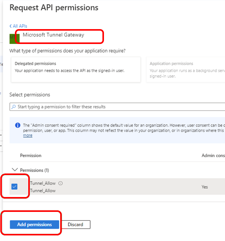 Configure API permissions for Microsoft Tunnel Gateway.