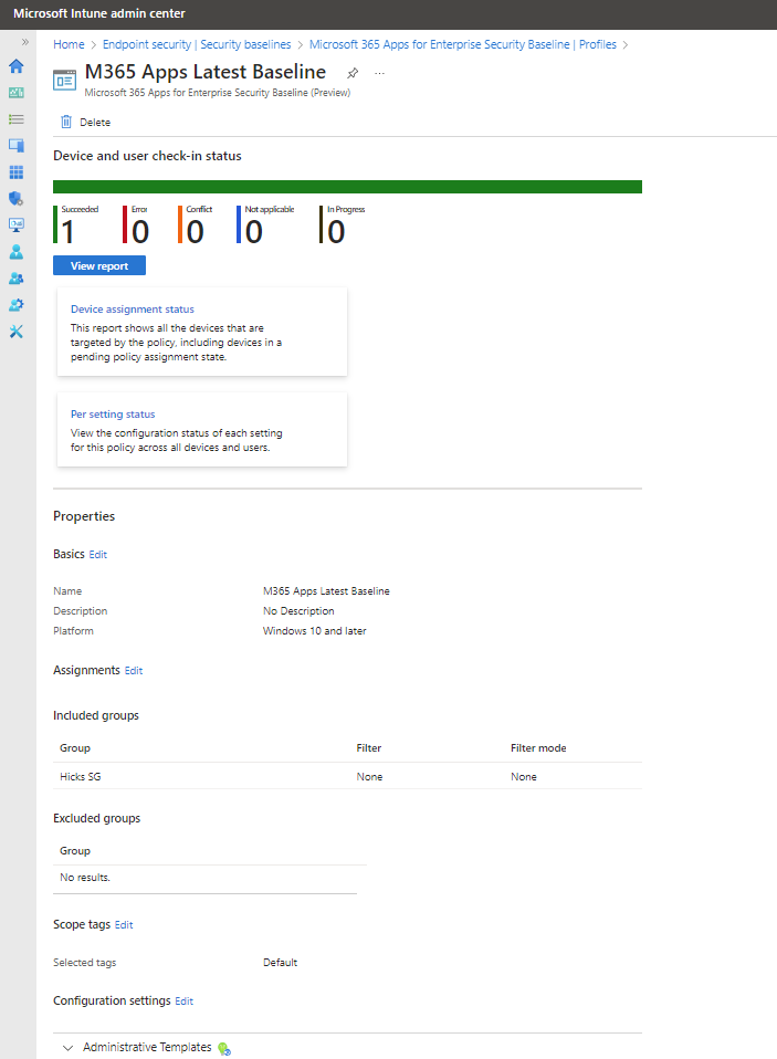 View the dashboard for a security baseline profile.