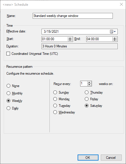 Example service window configuration