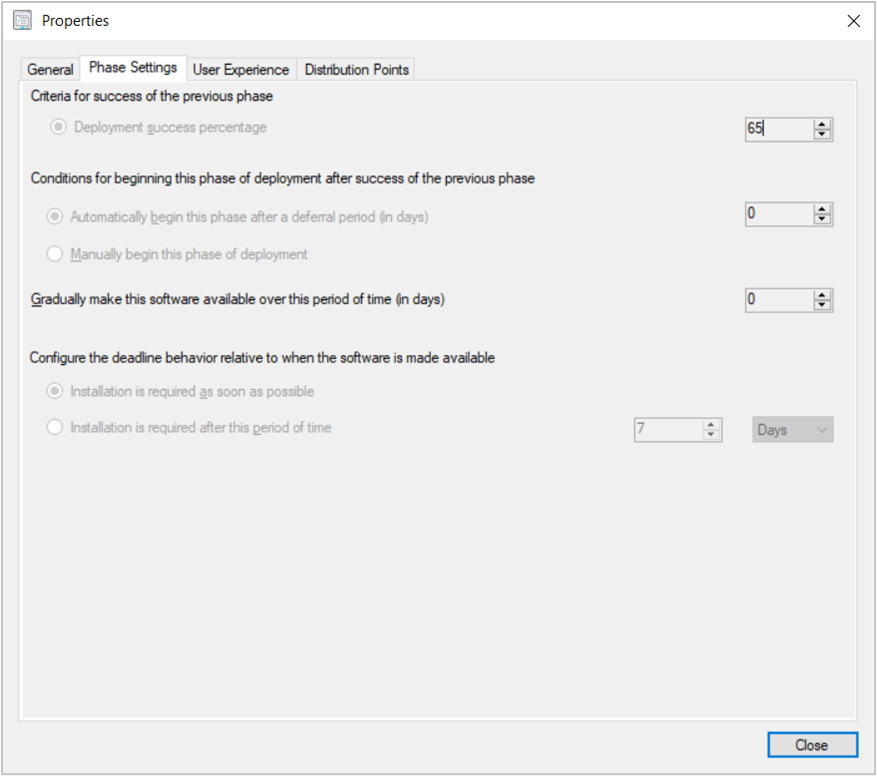 Phase settings tab on phase properties