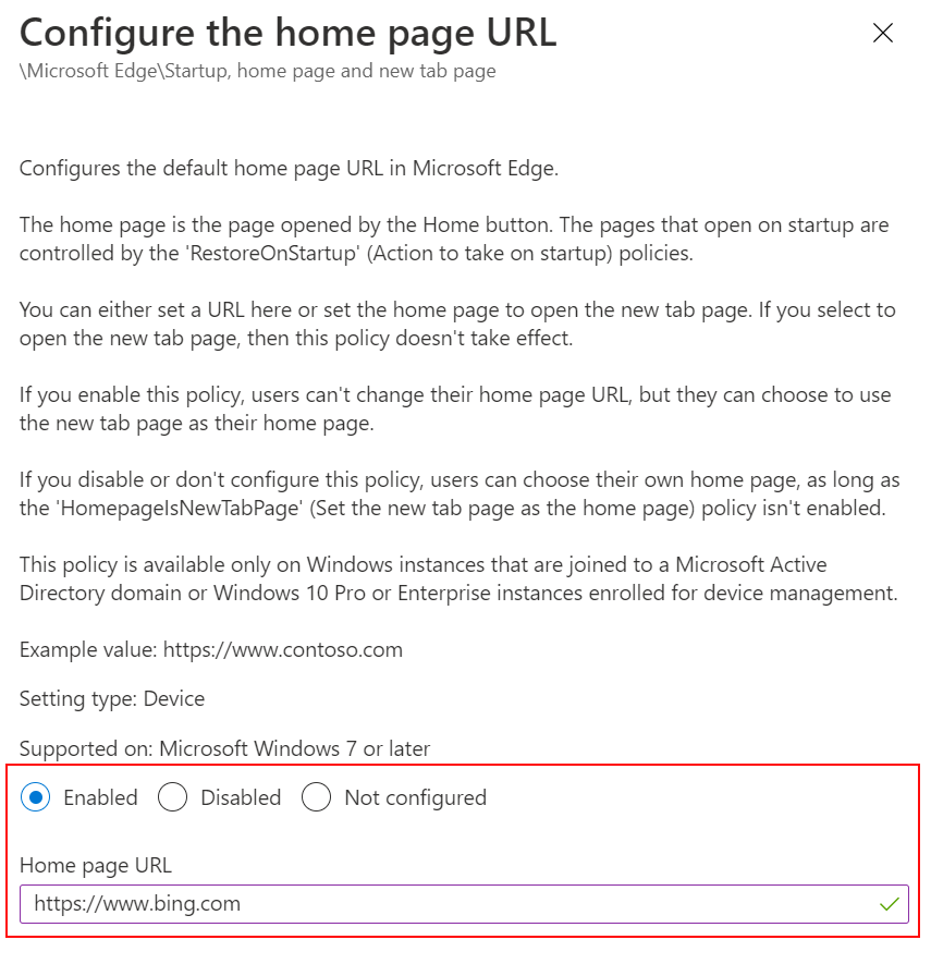 Screenshot of Set the Microsoft Edge home page URL to a web site using ADMX templates in Microsoft Intune and Intune admin center.
