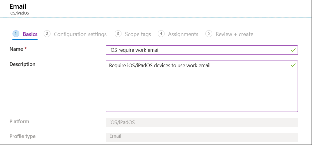 Create an email device configuration profile for iOS/iPadOS devices in Microsoft Intune and Intune admin center.