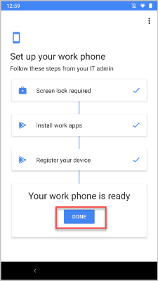 Example image of Set up your work phone screen, highlighting Done button.