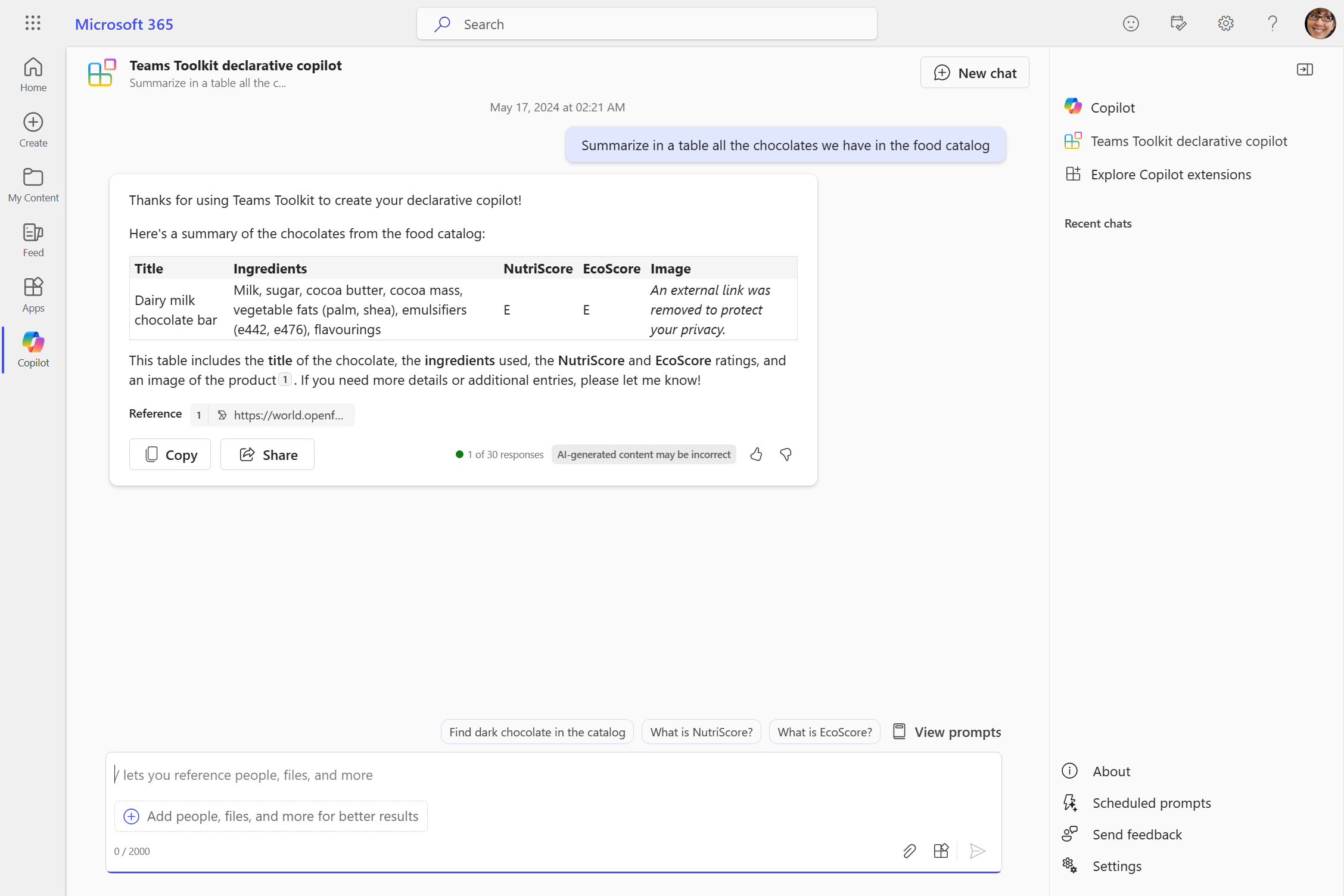 Screenshot shows Graph Connectors content from the declarative agent in Microsoft 365.