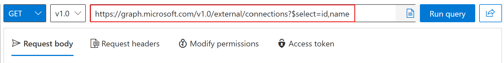 A screenshot of Graph Explorer's request field with the connections query