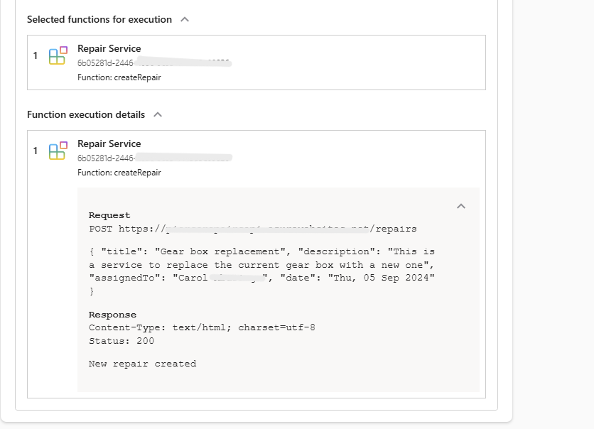 Screenshot of `copilot Chat` session where copilot has returned a card with debugging information showing the successful selection, and function execution of an enabled plugin