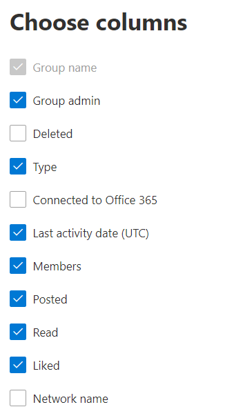 Viva Engage groups activity report - choose columns.