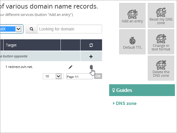 OVH delete MX record.