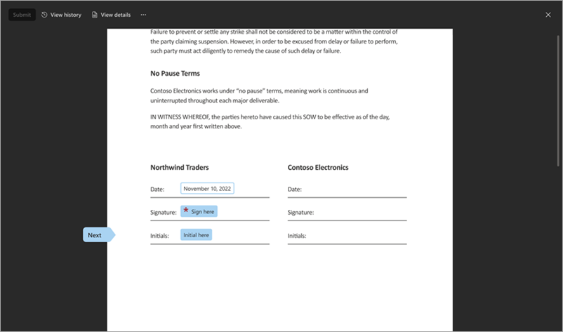 Screenshot showing the Initial here field for adding your electronic initials to a document.